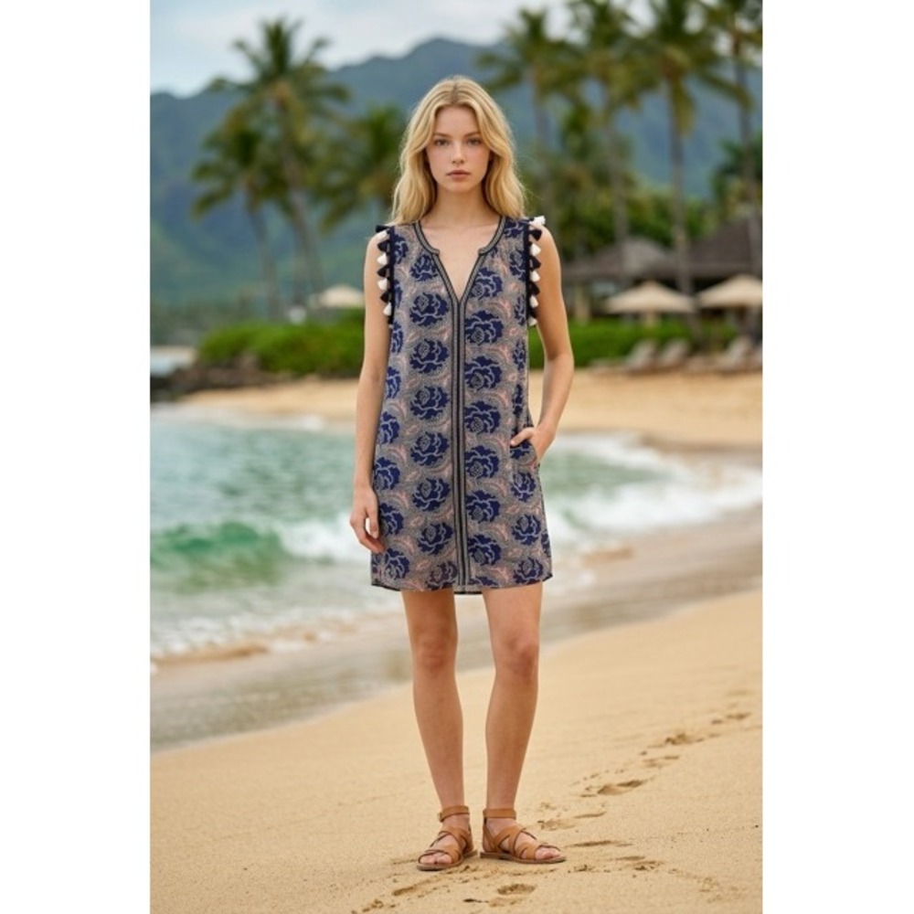 THML Blue Paisley Floral Tassel Trim Sleeveless Shift Dress TM4701 Womens XS